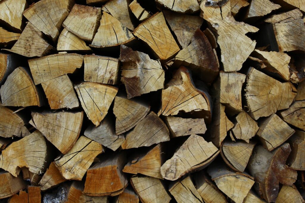 Close-up image of stacked firewood showing the texture and grain of cut timber.