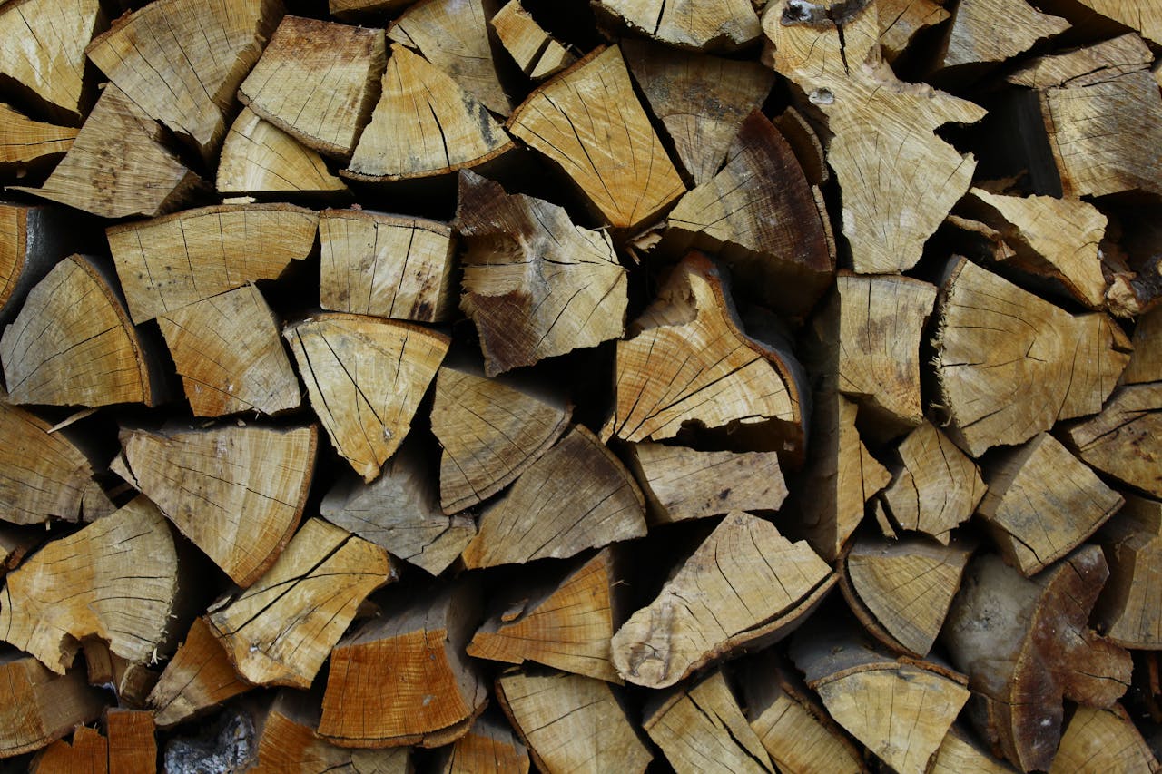 Close-up image of stacked firewood showing the texture and grain of cut timber.
