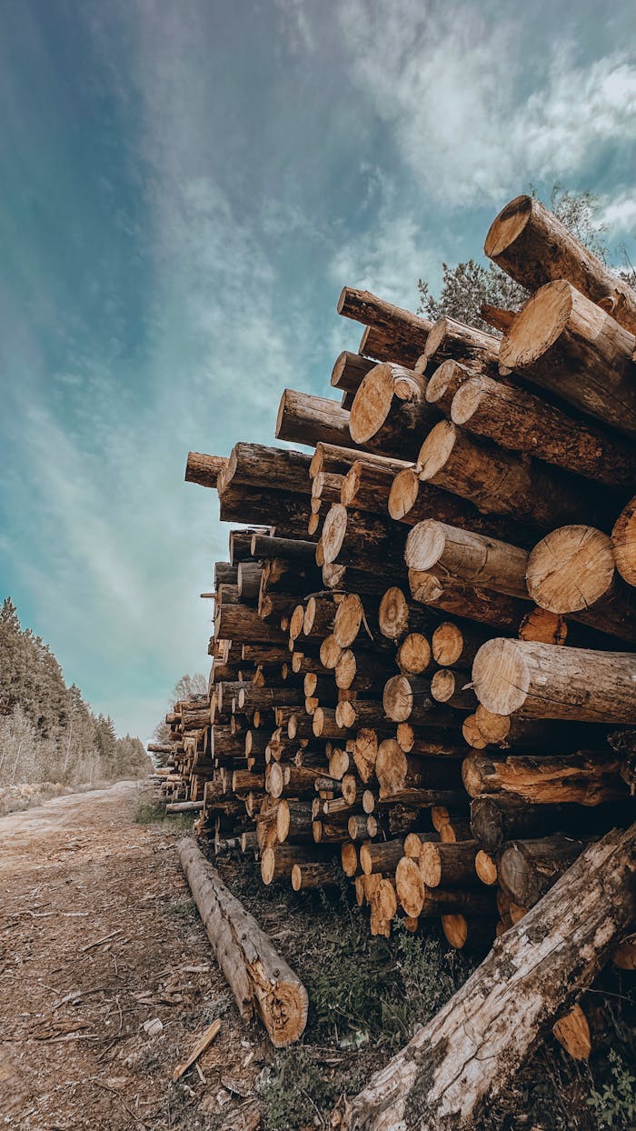 Aesthetic view of stacked timber logs with clear sky and natural surroundings.